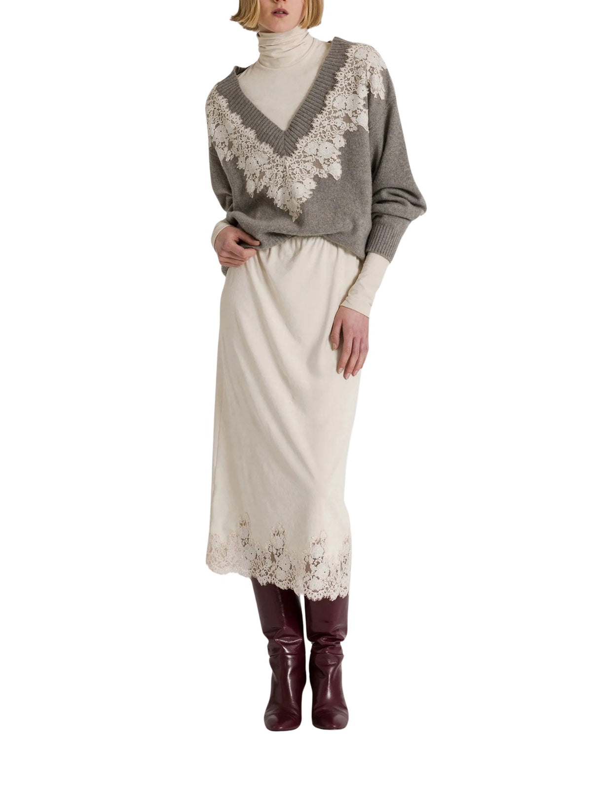 Maglione in cashmere con scollo a V e inserto in pizzo<BR/><BR/> Alberta Ferretti 262U_0910-6601 0474 