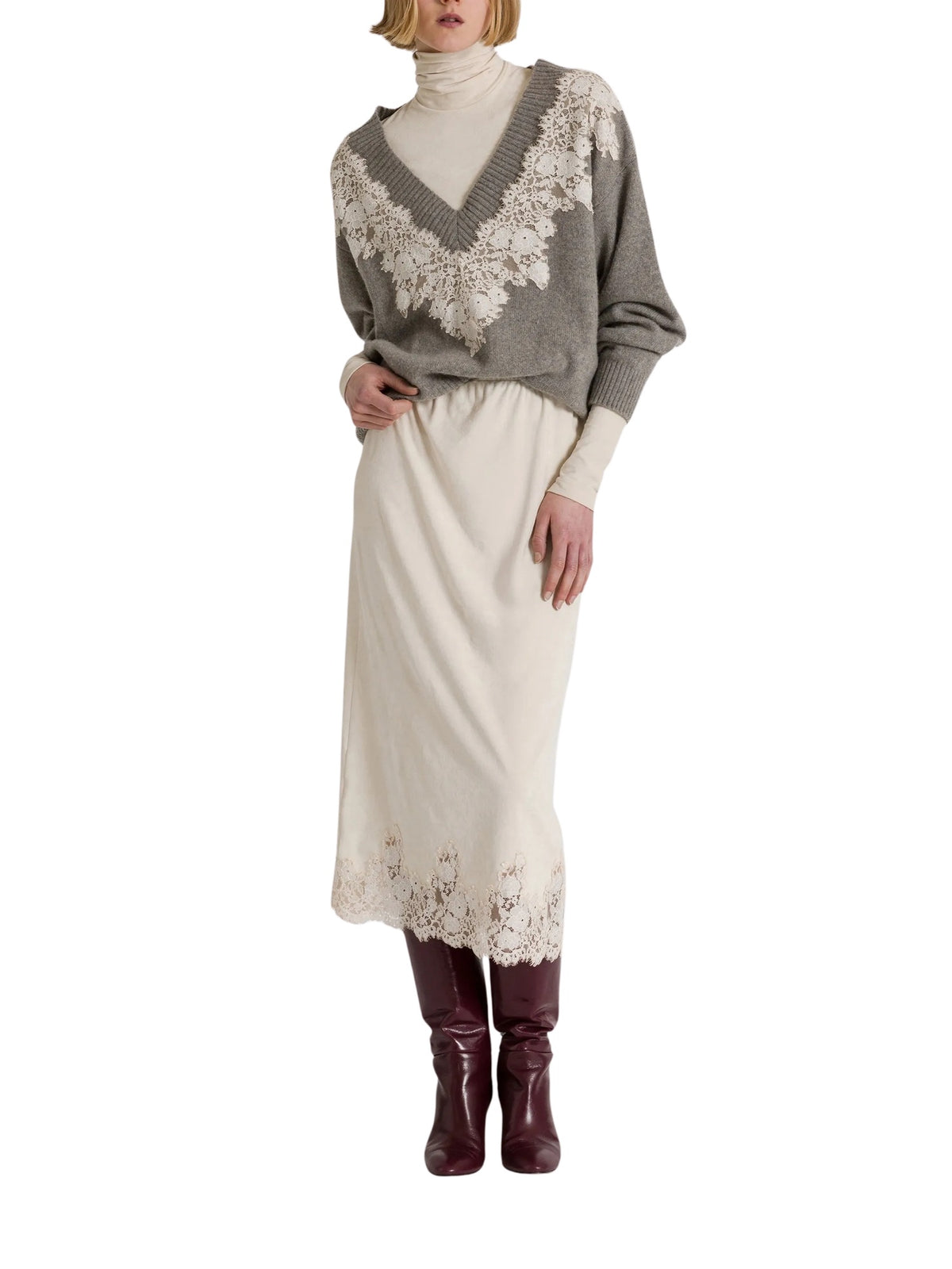 Maglione in cashmere con scollo a V e inserto in pizzo<BR/><BR/> Alberta Ferretti 26U_0910-6601 0474 
