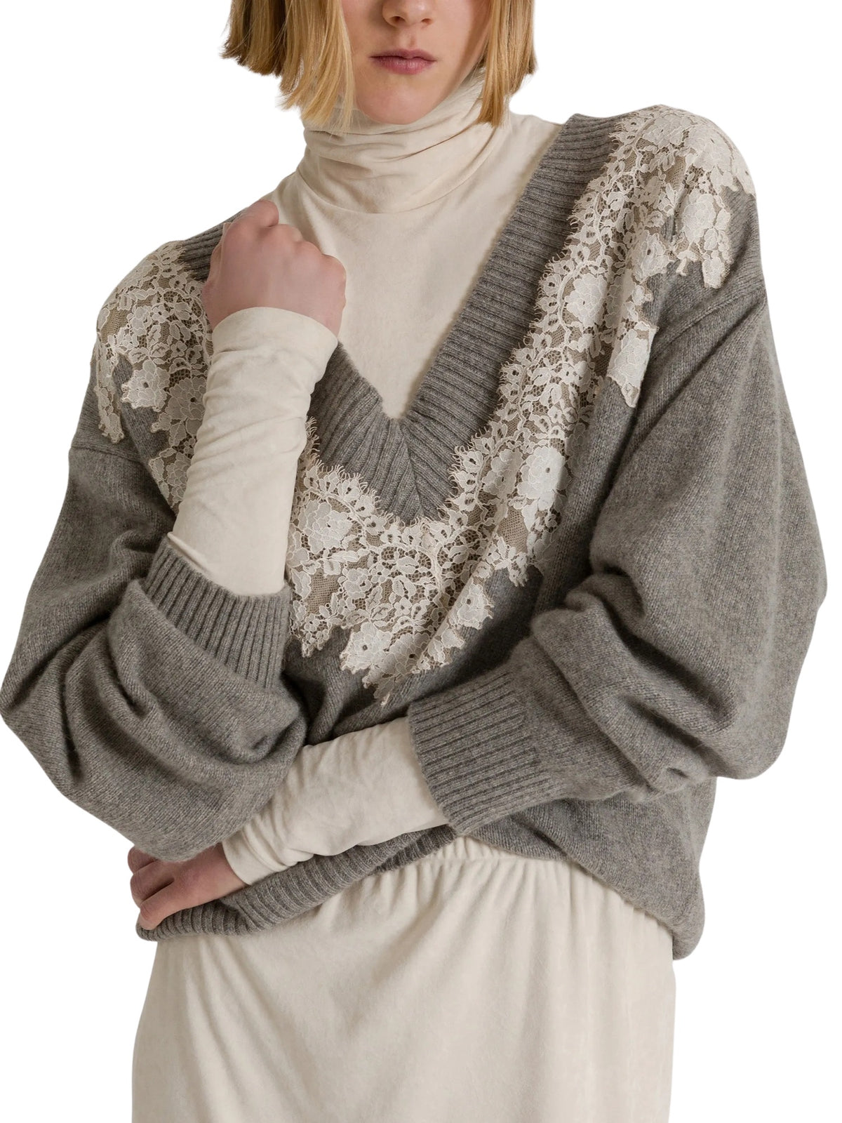 Maglione in cashmere con scollo a V e inserto in pizzo<BR/><BR/> Alberta Ferretti 26U_0910-6601 0474 