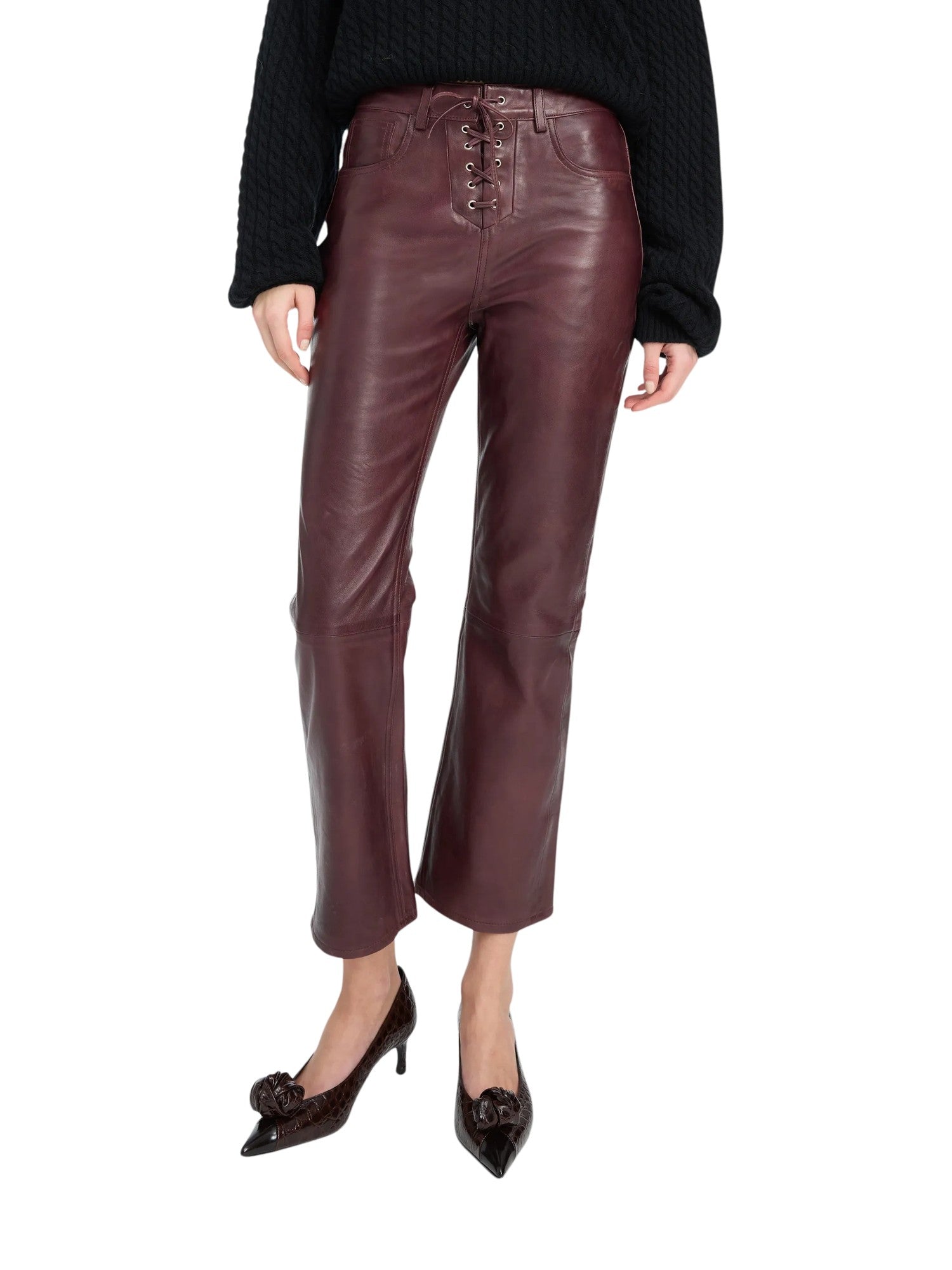 Pantaloni capri svasati in pelle color mogano Rotate 116668757 757 
