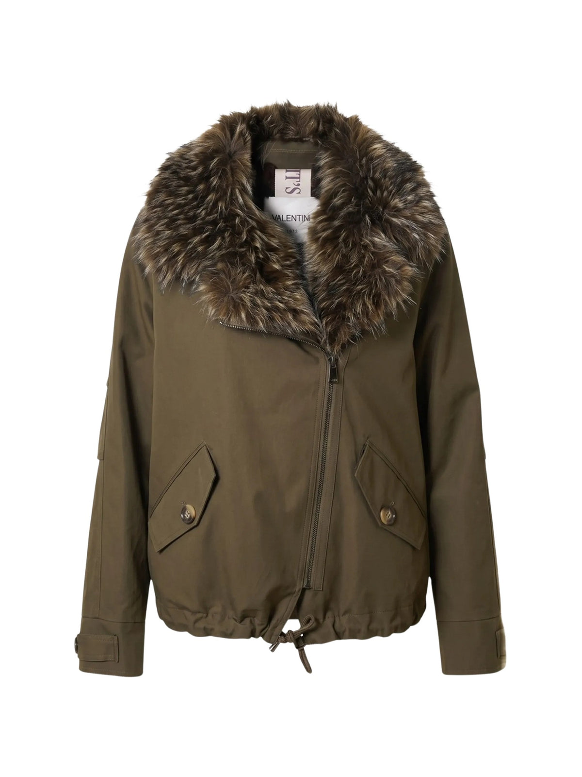 Giacca con coulisse e collo in pelliccia ecologica<BR/> VALENTINI 1972 K6101 ARMY GREEN/ BROWN 