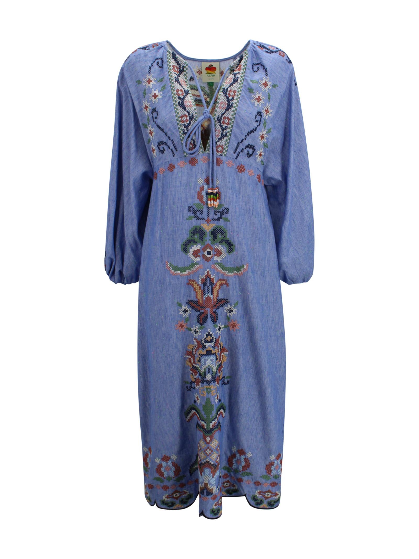 Abito lungo blu con ricamo floreale Farm Rio 349077 26051 
